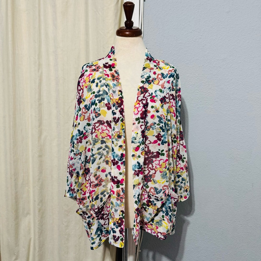 Focus 2000 Women Sheer Open Front‎ Floral Print Kimono Cardigan Sz XL 3/4 Sleeve